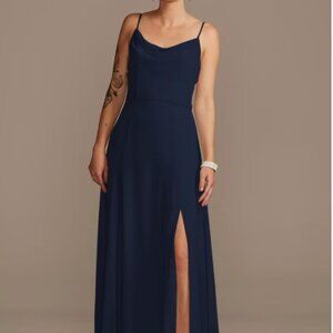 Marine Navy Blue Cowl Neck Chiffon Dress with Slit from David's Bridal